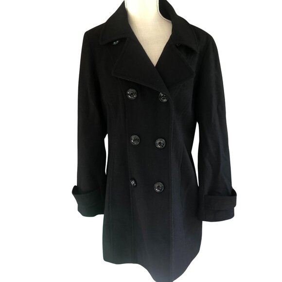 Anne Klein Black Wool Blend Pea Coat, Double Breasted Winter Jacket Size L - Picture 1 of 10